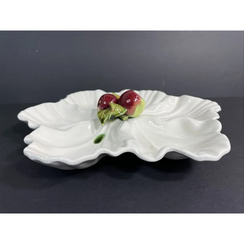 California Pottery Off White Red Apple Green Divided Dish